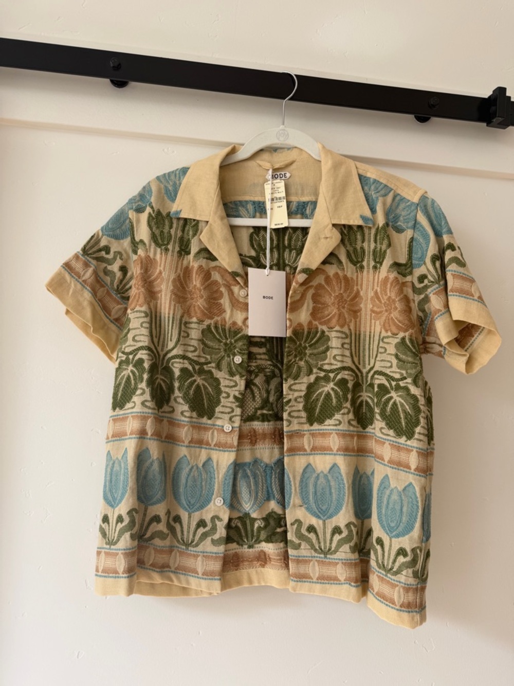 BODE Multicolor Floral Short-Sleeve Button-Up Shirt - Beige/Blue/Green